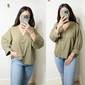 Esby Apparel Lauren 100% Cotton Green Button Down Balloon Sleeve Flowy Top Small